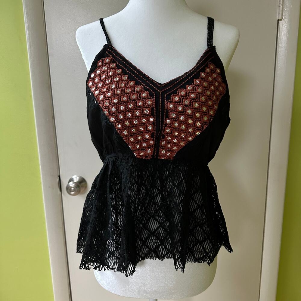 NWT - RAGA - Black Lace Top with rhinestone